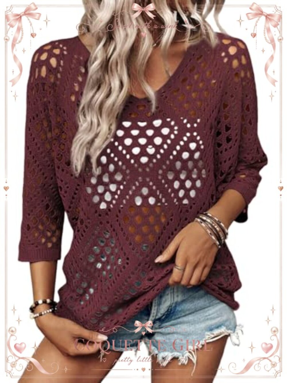 Womens Crochet Hollow Out V Neck 3/4 Sleeve Pullover Sweater Beach Cover Up